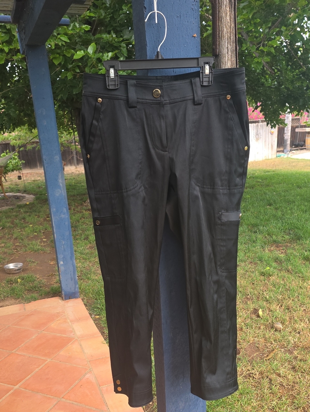 CACHE Shiny Black Cropped Cargo Pants with Gold Detail, Size 4